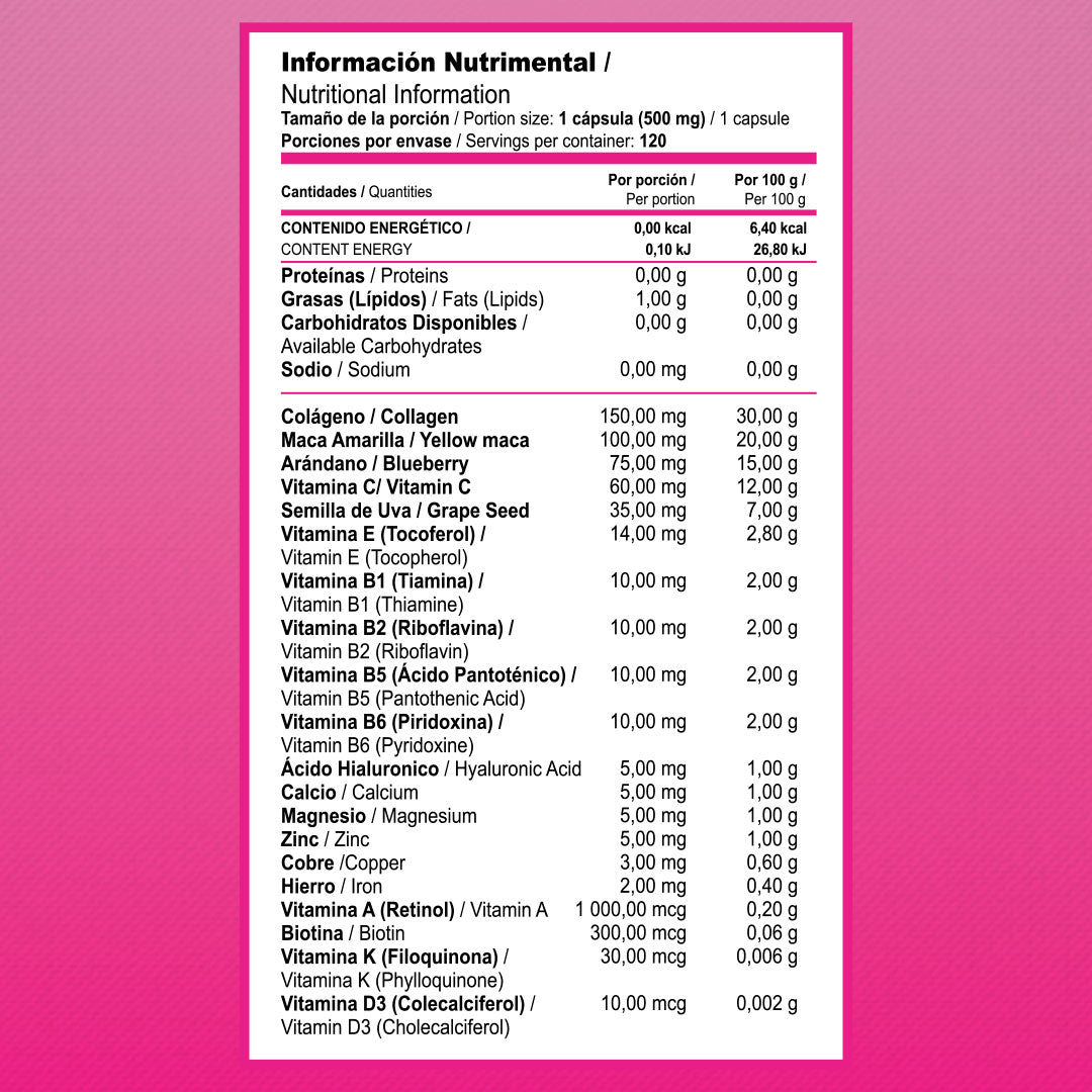 VITAMINA E, COLAGENO, MACA AMARILLA, ARANDANO, ACIDO HIALURONICO | VITARX WOMENES