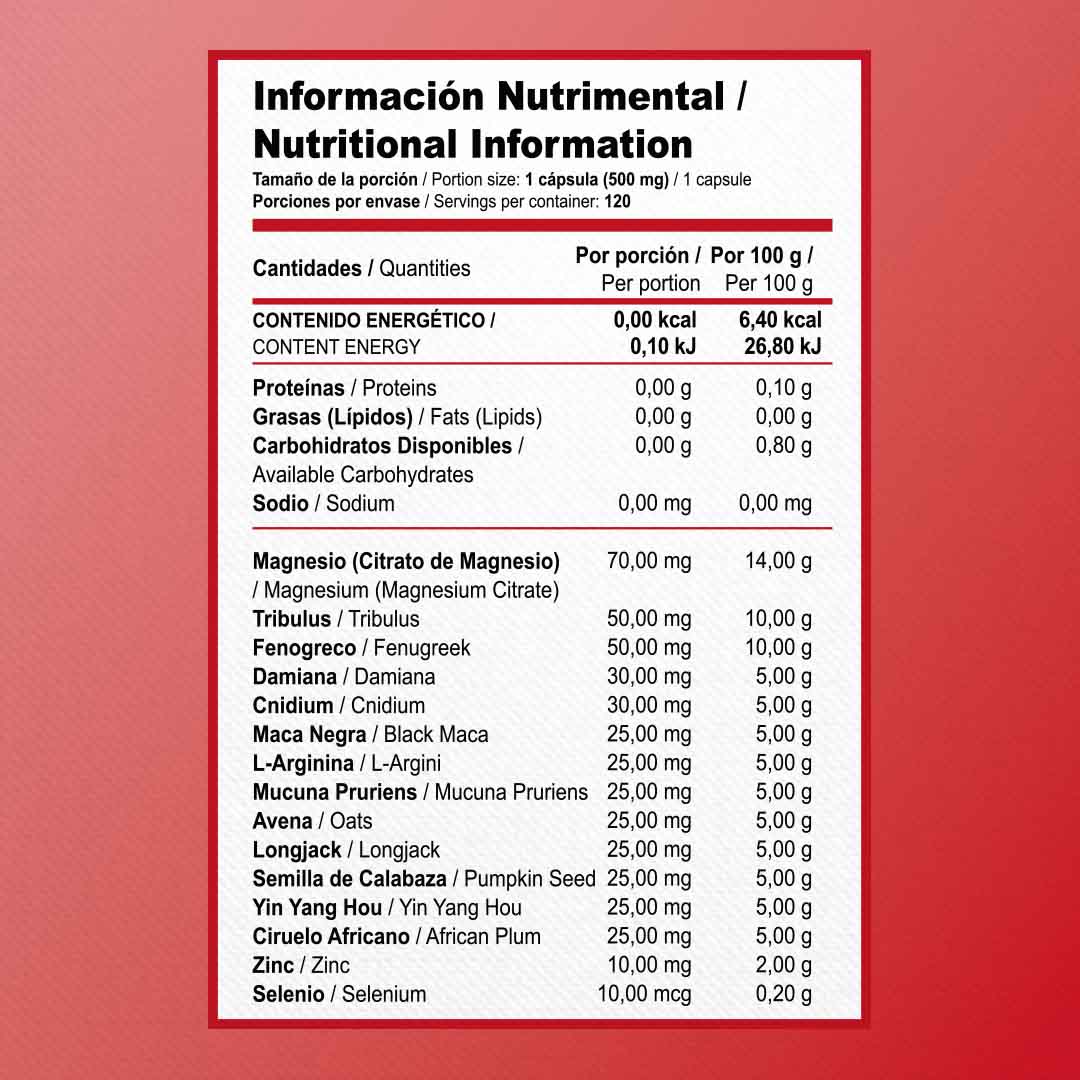 MAGNESIO, TRIBULUS, LONG JACK, FENOGRECO, MACA NEGRA, DAMIANA, SEMILLA DE CALABAZA, YIN YANG HOU, L-ARGININA, ZINC, SELENIO Y CIRUELO AFRICANO | ZENNATURA VITARX TESTO
